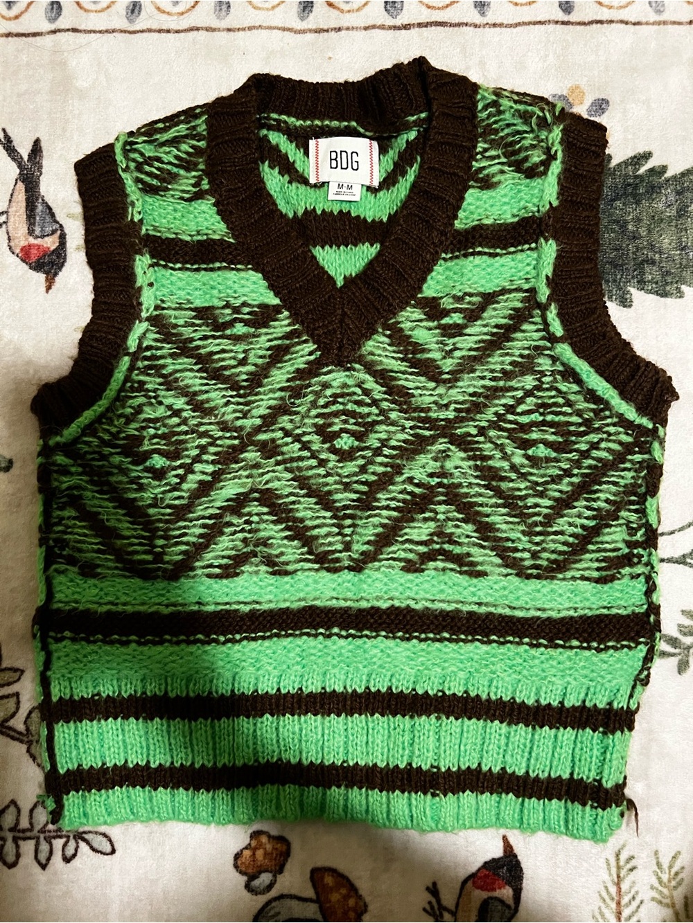 BDG Green and Brown Geometric Knit V-Neck Sweater Vest
